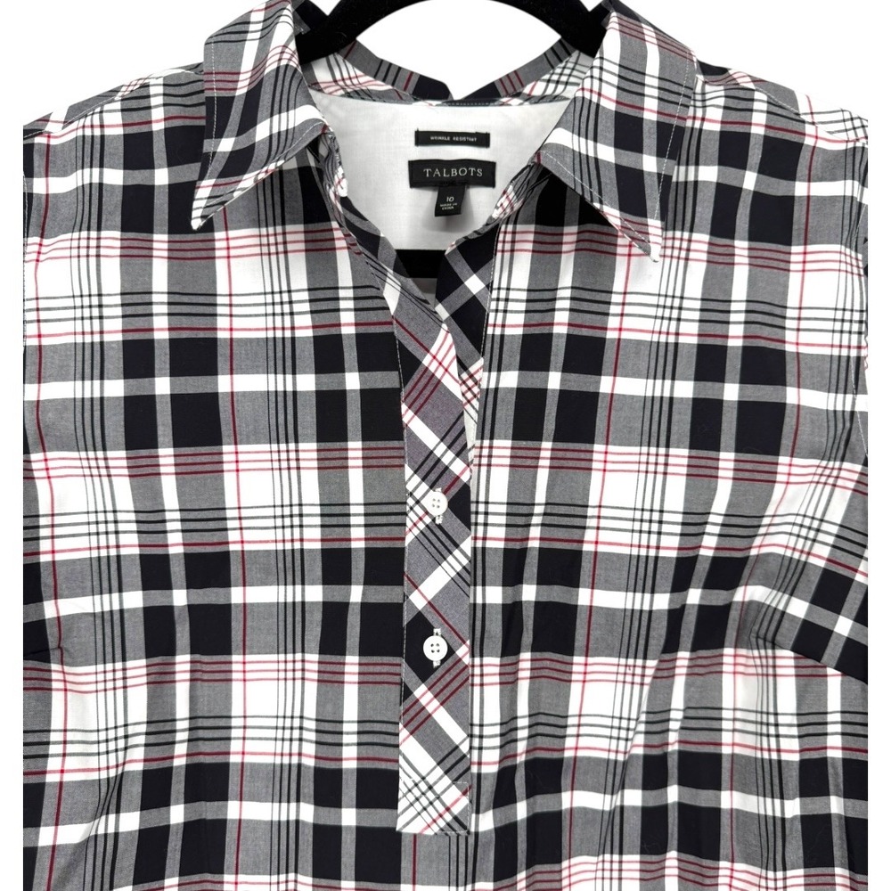 Talbots Plaid Long Sleeve 1/2 Button Popover Blouse Top Sz 10 Wrinkle Resistant - Picture 5 of 12